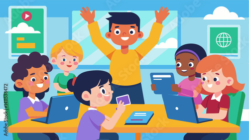 A classroom full of students excitedly participate in a gamebased learning activity where they use JavaScript to solve challenges and progress through levels.. Vector illustration