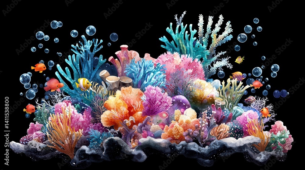 Obraz premium Vibrant Coral Reef Scene with Colorful Fish and Bubbles Underwater