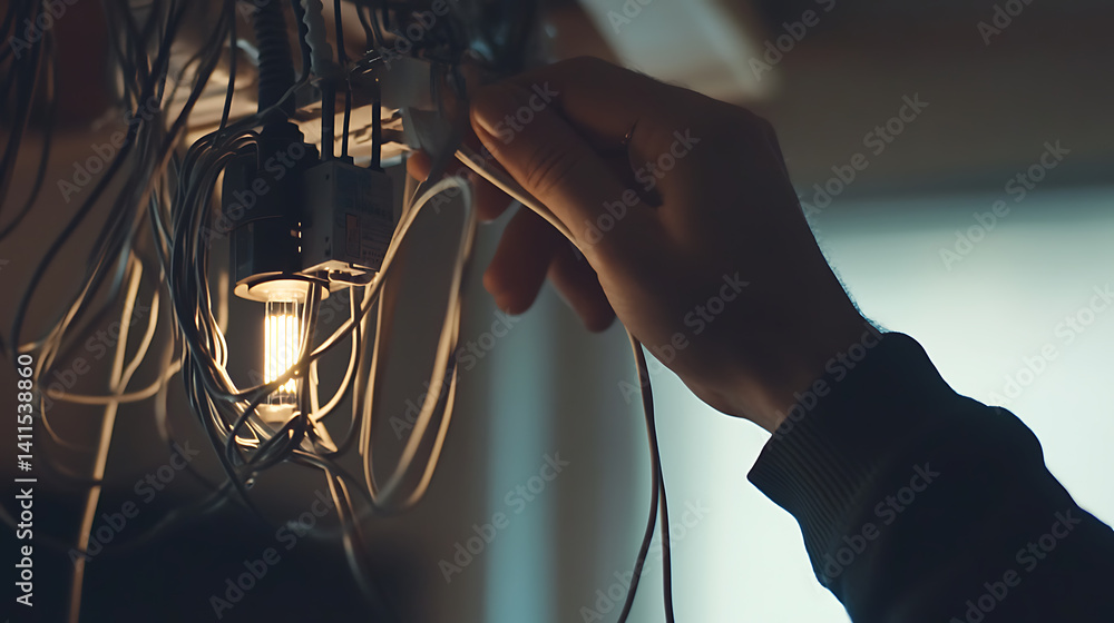Electrician wiring a new light fixture in a residential home. Featuring electrical installation and home improvement Electrician wiring a new light fixture in a residential home. Featuring electrical installation and home improvement