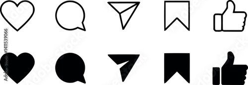 Set of Generic Social Media UI Icons – Like, Comment, Share, Save – Flat Outline Vector Icons Isolated on White