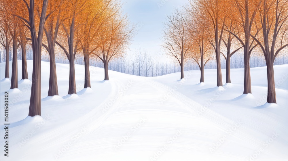 Obraz premium Winter Pathway Through Orange Trees - Serene winter landscape, snow covered path lined with orange-leafed trees, peaceful and tranquil scene