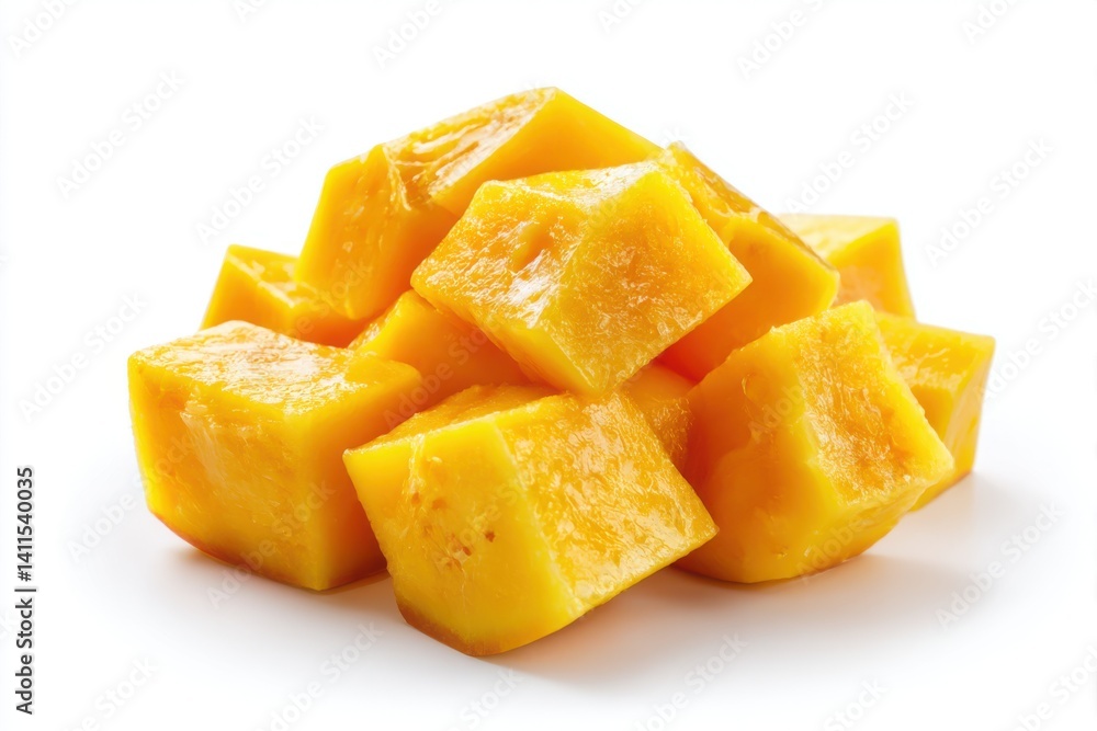 Pile of diced mango fruit pieces on white background Pile of diced mango fruit pieces on white background