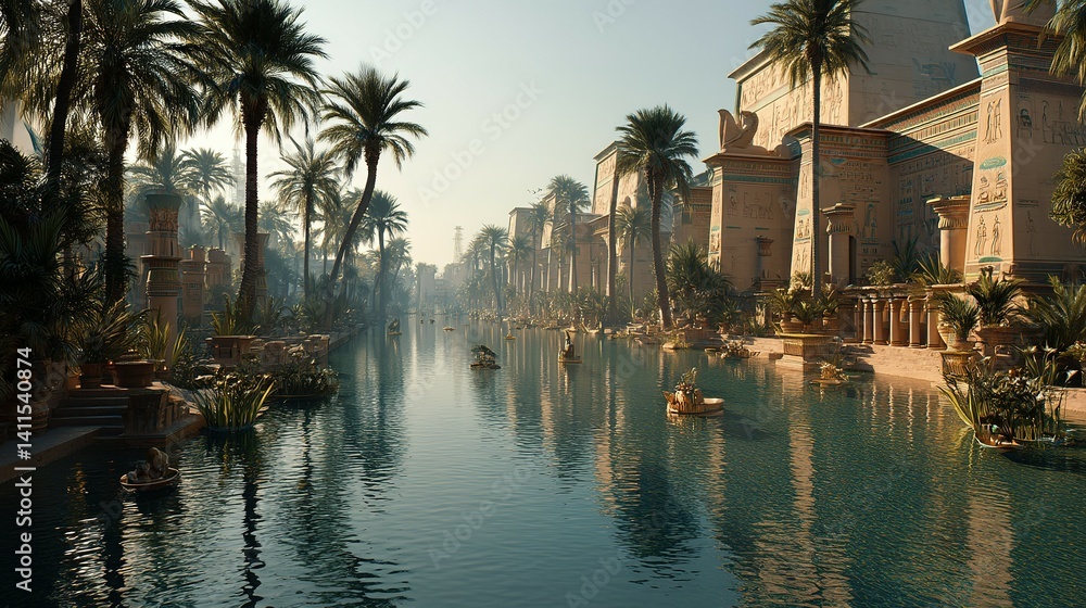 Obraz premium Ancient Egyptian canal scene with palm trees.