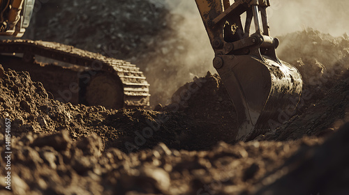 Excavator digging a trench for a new construction project. Featuring earthwork and excavation