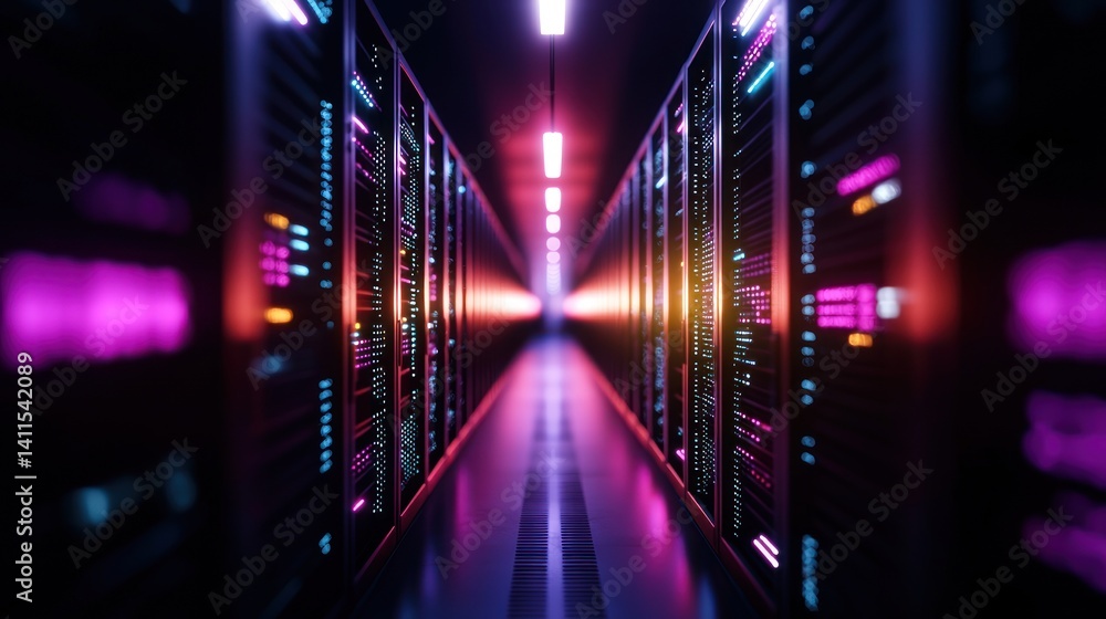 Futuristic server rack hallway, vibrant colors, data center, operational Futuristic server rack hallway, vibrant colors, data center, operational