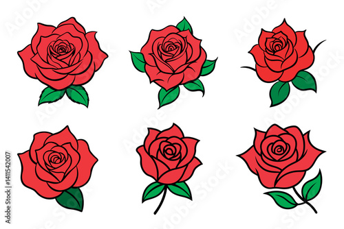 Set of red rose vector illustration with leaves isolated on white background
