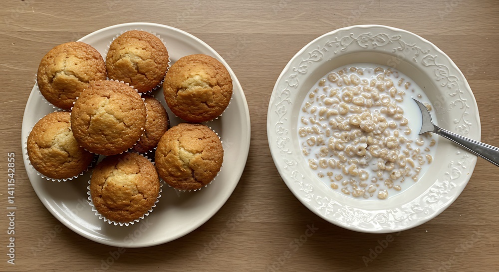 Golden Muffins and Creamy Cereal: A Simple Breakfast Still Life Golden Muffins and Creamy Cereal: A Simple Breakfast Still Life