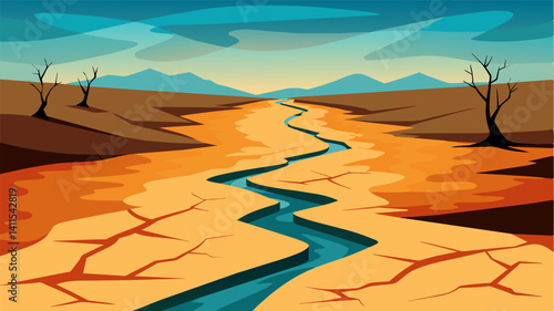 The cracked and barren streambed is a haunting sight evoking a sense of loss and the urgent need to protect our planets precious water sources.. Vector illustration