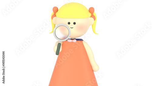 虫眼鏡を　持つ　女の子　3D
