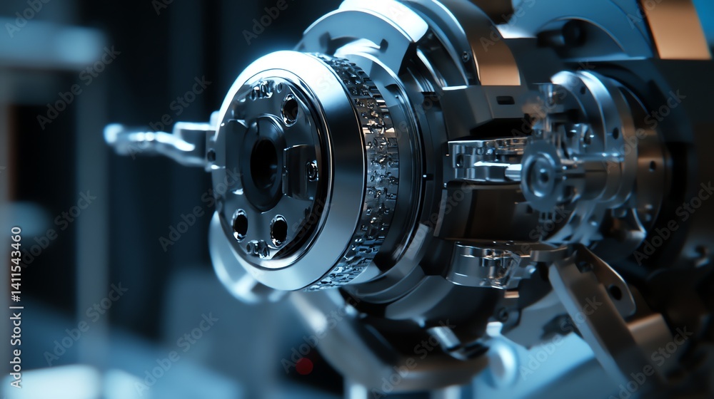 Close-up of Intricate Metal Machine Component with Shiny Surface and Blue Light Close-up of Intricate Metal Machine Component with Shiny Surface and Blue Light