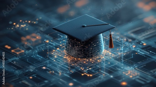 Graduation cap atop a circuit board, signifying tech education