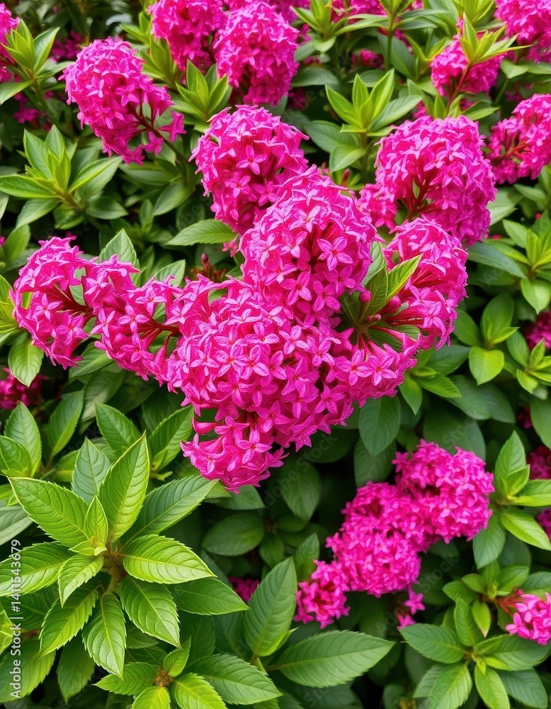 Vibrant pink flower clusters explode from lush green foliage, blossom, vibrant Vibrant pink flower clusters explode from lush green foliage, blossom, vibrant