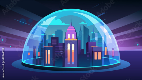 A futuristic cityscape is enveloped in a glowing dome showcasing the advanced cyber defenses in place to safeguard vital data.. Vector illustration
