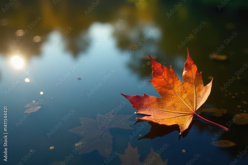 Crisp autumn leaves drift on a still, clear pond's surface , oak, vibrant Crisp autumn leaves drift on a still, clear pond's surface , oak, vibrant