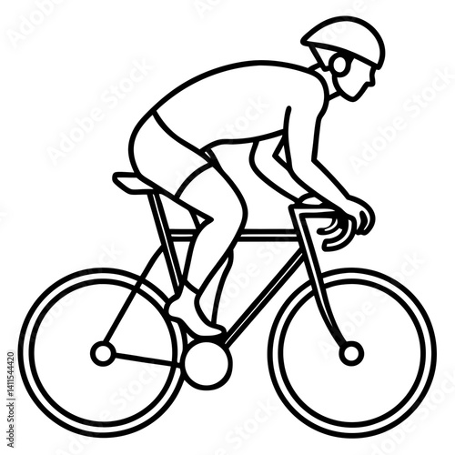Line art vector silhouette of a person riding a road bike in a racing position, leaning forward with one hand on the handlebars