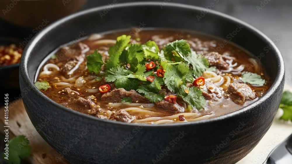 A bowl of soup with meat and noodles. The soup is hot and steamy. The bowl is black and made of ceramic A bowl of soup with meat and noodles. The soup is hot and steamy. The bowl is black and made of ceramic