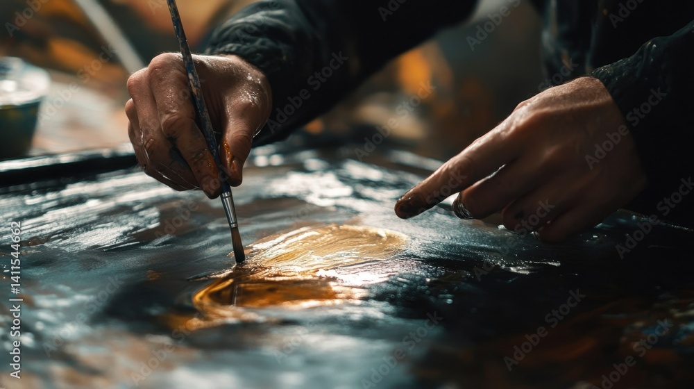 Obraz premium Artist's hands skillfully painting a vibrant abstract artwork in a creative studio
