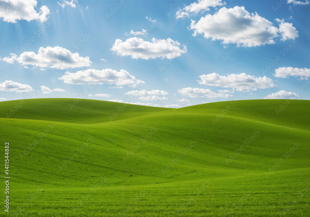 Fototapeta premium abstract minimalism background with natural landscape of green hills and clouds . Generative AI