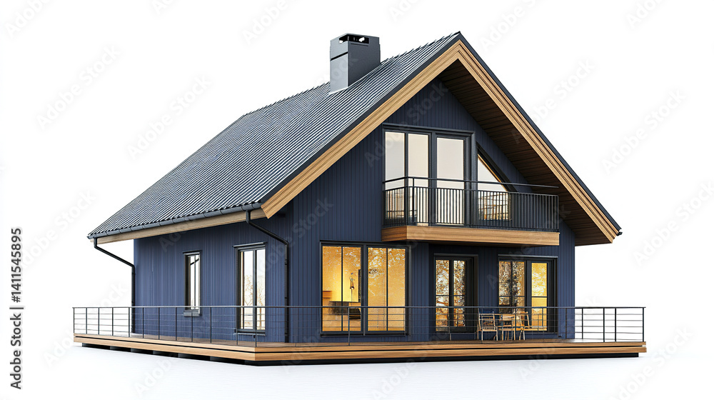 Modern blue house with large windows and balcony, designed for comfort Modern blue house with large windows and balcony, designed for comfort
