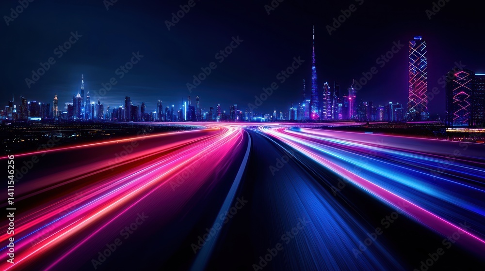Fototapeta premium Night city highway with vibrant light trails