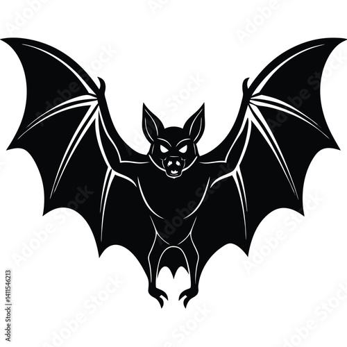 Silhouette Bat Open Wings, Fangs, Ears, Flying Creature, Halloween Animal, Night Wildlife