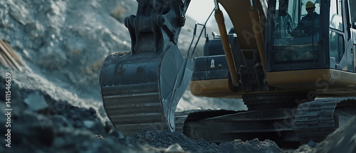Excavator operator maneuvering heavy machinery at a dig site. Featuring control and precision