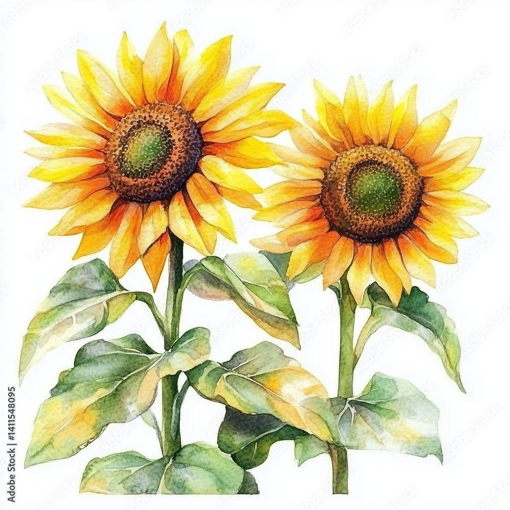 Fototapeta premium illustration of Sunflowers, summer flowers, soft watercolor tones, white background, detailed illustration, cartoonish.