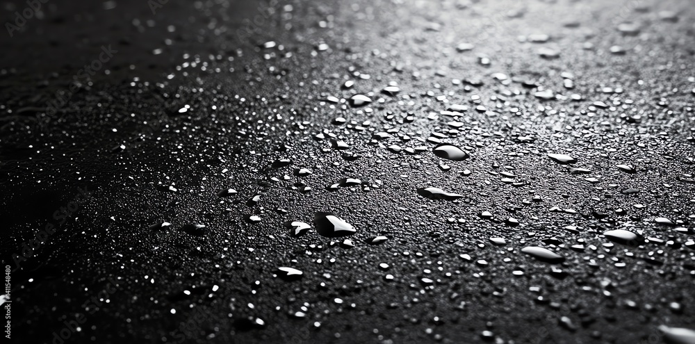 Closeup of water droplets on a dark, textured surface creating a glistening effect. Perfect for backgrounds or abstract designs. Closeup of water droplets on a dark, textured surface creating a glistening effect. Perfect for backgrounds or abstract designs.