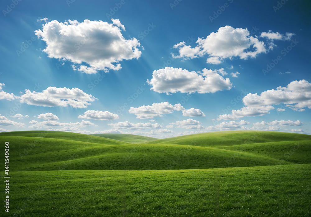 abstract minimalism background with natural landscape of green hills and clouds . Generative AI abstract minimalism background with natural landscape of green hills and clouds . Generative AI