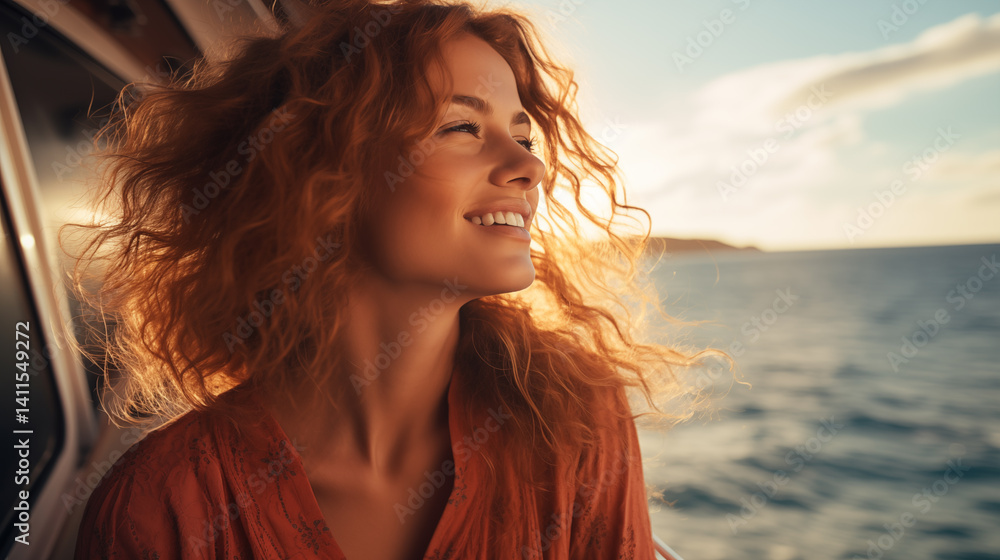 A young woman enjoying a relaxing vacation aboard a cruise ship, looking at the ocean horizon on a sunny day, big green eyes