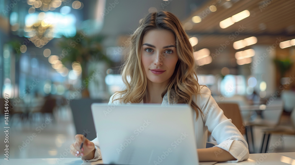 Pensive female helpdesk service agent working on computer at call center. Call center, young woman and smile . Customer service consultant.