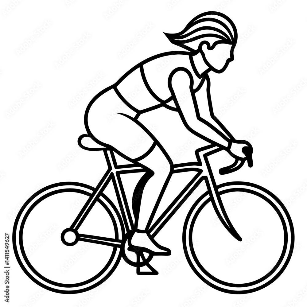 Naklejka premium Line art vector silhouette of a woman person riding a road bike in a racing position