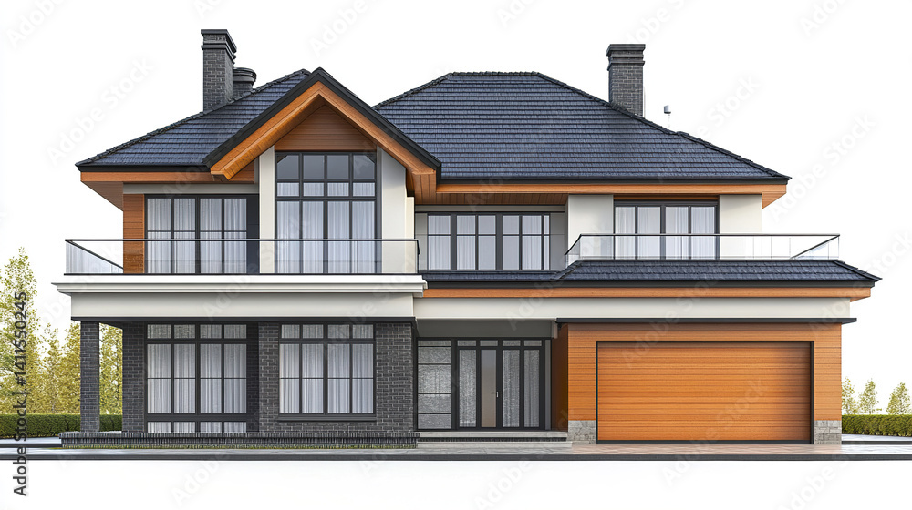Modern two story house with large windows and garage, featuring sleek design Modern two story house with large windows and garage, featuring sleek design