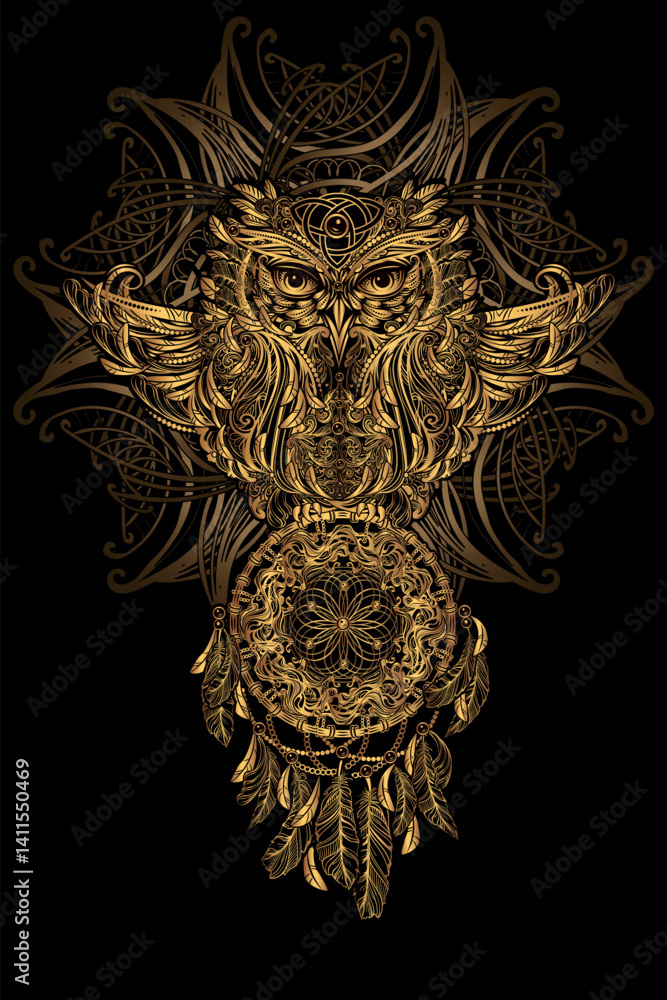 Fototapeta premium Intricate golden owl illustration with mandala and dreamcatcher elements. Mystical tribal vector art on black background, perfect for tattoos, boho decor, and spiritual designs