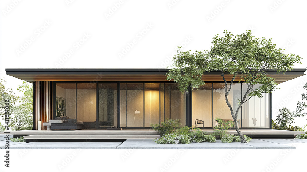 Fototapeta premium Modern house exterior with large glass windows and tree in front