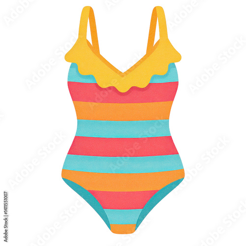 A colorful, striped one-piece swimsuit featuring a ruffled neckline and vibrant hues of blue, orange, and pink.