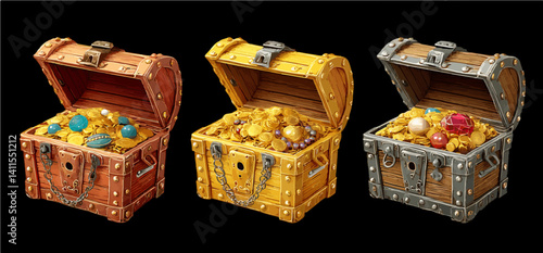 Collection of Pirate Treasure Chests Filled with Gold and Gems