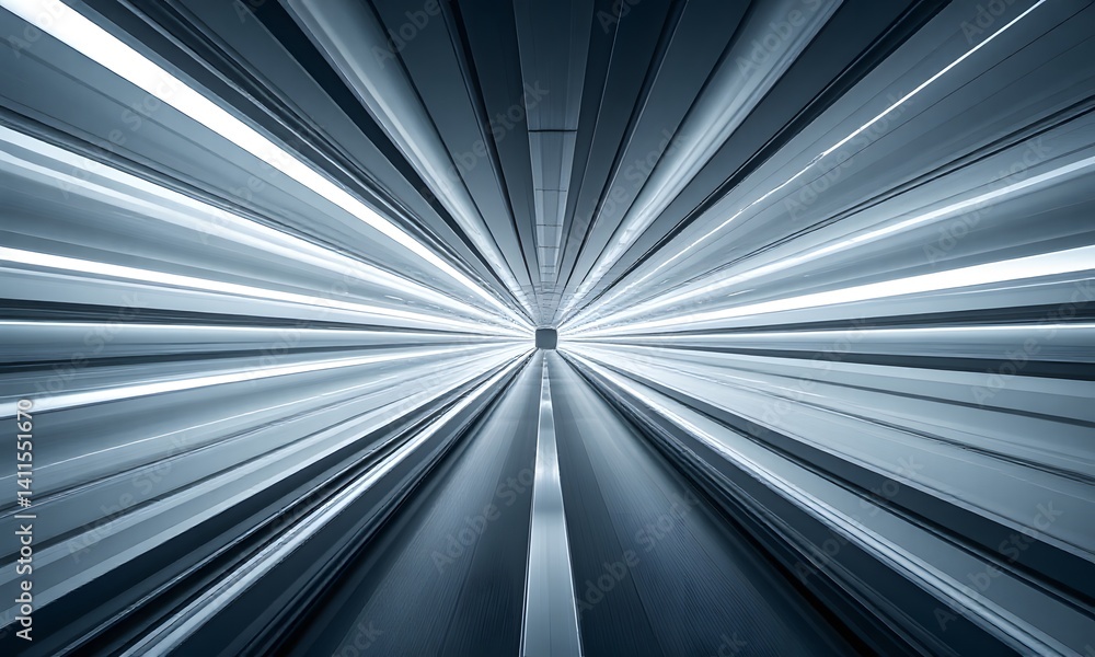 Bright white lights streaking forward in an empty hallway.