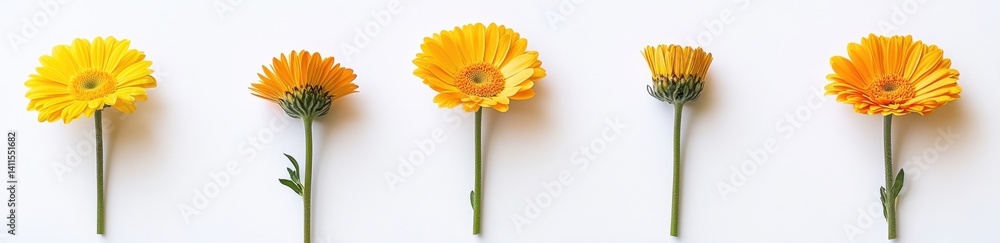 Five vibrant yellow flowers arranged in a row against a plain white background Five vibrant yellow flowers arranged in a row against a plain white background