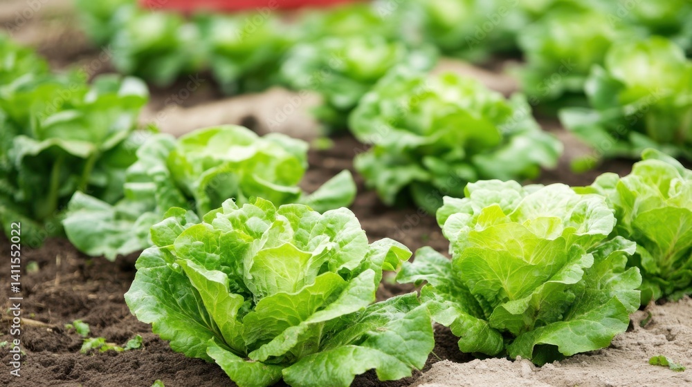 Fresh green lettuce growing in a vibrant garden, showcasing healthy crops and soil Fresh green lettuce growing in a vibrant garden, showcasing healthy crops and soil