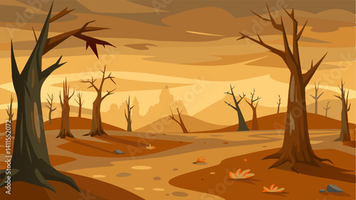 The barren land once bustling with activity and promise now gave off an eerie silence with only the occasional rustle of driedup leaves to break the spell.. Vector illustration