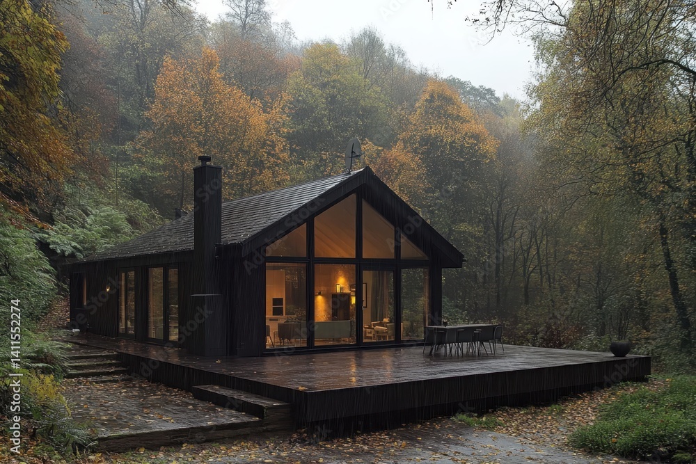 A holiday home in the forest on a rainy day