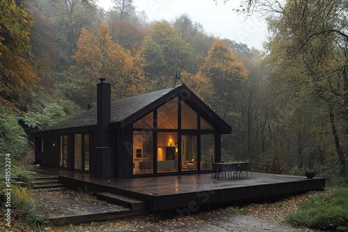 Obraz na płótnie A holiday home in the forest on a rainy day w salonie