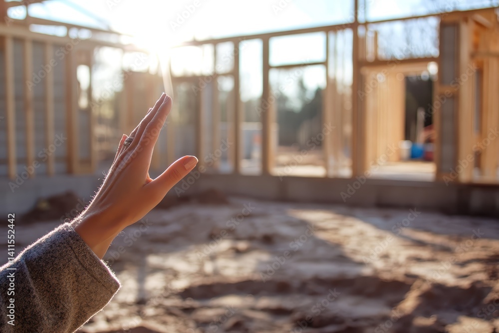 Concept of buying or building new home. woman hand showing