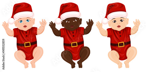 Vector set of babies of different nationalities in santa costume. Festive collection of kids in holiday costumes