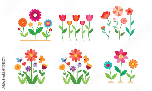 Vector set of cute naive hand drawn summer design elements in bright rainbow colors for children's design