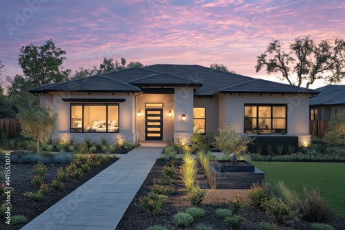 Luxury home during twilight golden hour with pink and purple sky and lush landscaping