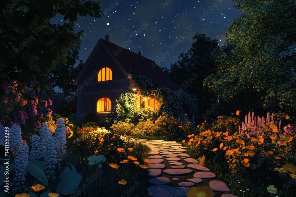 Modern house with garden at night