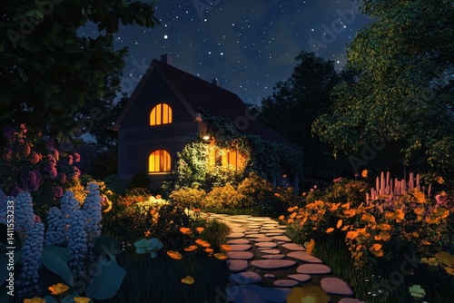 Modern house with garden at night
