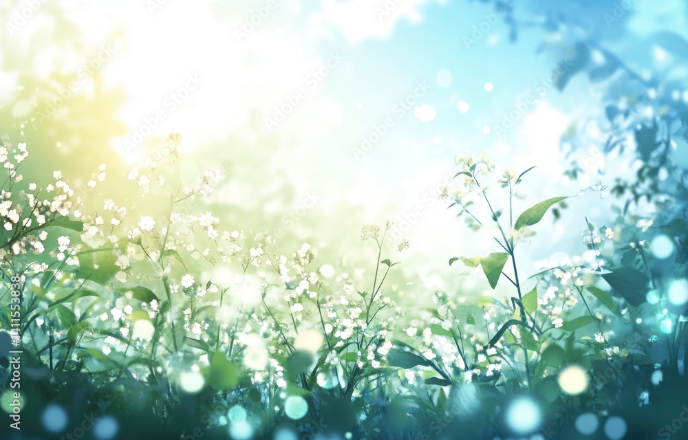 Lush green field with blooming flowers under bright sunlight and a clear blue sky Lush green field with blooming flowers under bright sunlight and a clear blue sky